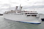 ID 3844 ORIENT QUEEN (1968/15781grt/IMO 6821080, ex-BOLERO, STARWARD. Renamed LOUIS AURA, then AEGEAN QUEEN) manoeuvres onto her Princes Wharf berth in Auckland as she become the first Louis Cruise Lines...
